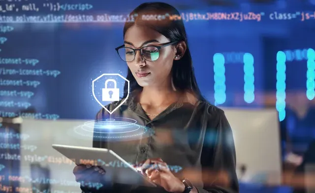 Lock hologram, tablet and woman with data analysis safety, software overlay and cyber security coding at night. Html, script and indian person reading with digital technology and networking research